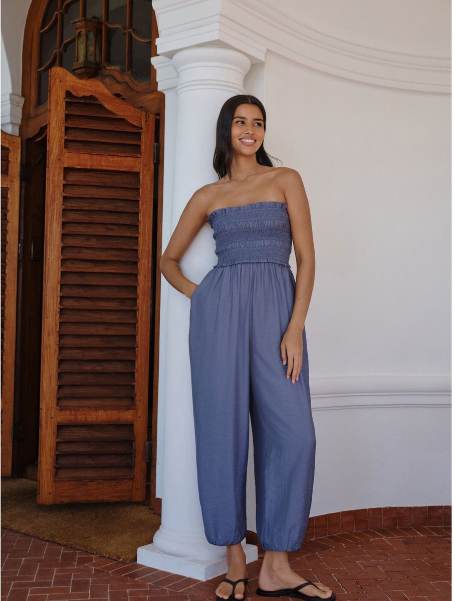 Next - Dames - Aangerimpelde jumpsuit met wijde, ronde pijpen - Blauw