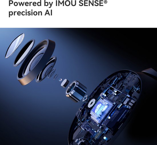 Exploded view van camera-onderdelen, met de tekst 'Powered by IMOU SENSE® precision AI'.