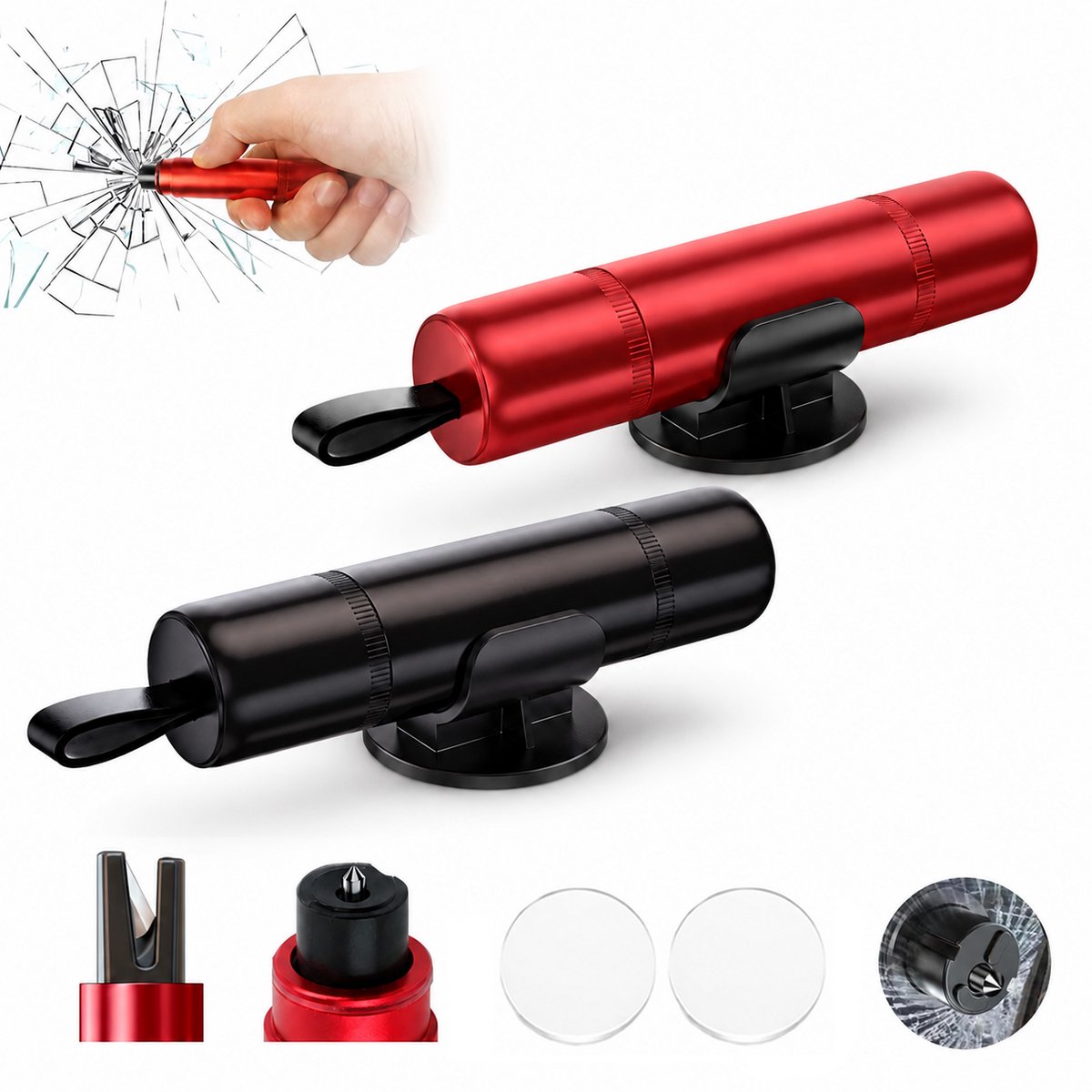 Veiligheidshamer / Noodhamer Auto - 2 in 1 Ruitenbreker & Gordelsnijder - Set van 2 - Inclusief Testglas & Zelfklevende Houder - Draagbare Auto Veiligheidsset - Rood en Zwart - SOLLBRY®