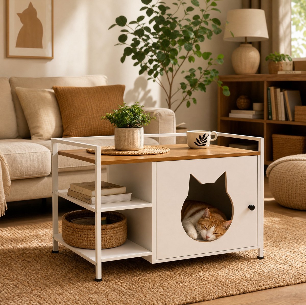 STILVORA Katzenkast - Multifunctionele Kattenbak Kast Met Kattenkop Opening - Bijzettafel Voor Woonkamer En Slaapkamer - Wit En Licht Eiken - 76 x 54 x 59 Cm
