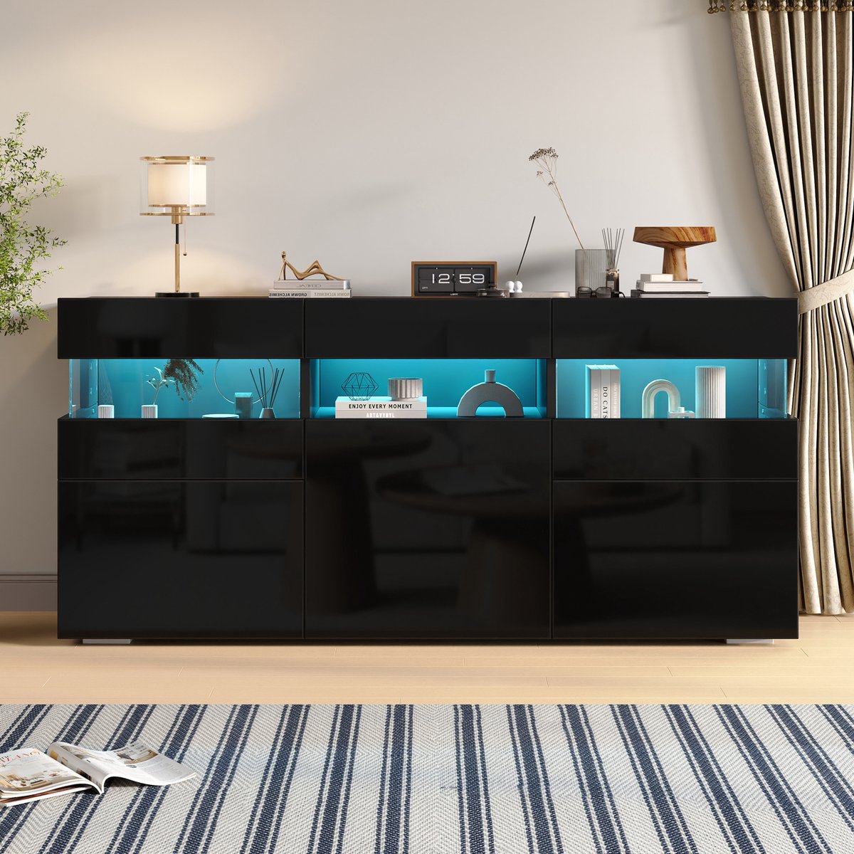 Dressoir - Hoogglans Kast Met Led Verlichting En 3 Deuren - Voor Woonkamer En Eetkamer - Spaanplaat En Acryl - Zwart - 140 X 40,5 X 66,5 Cm