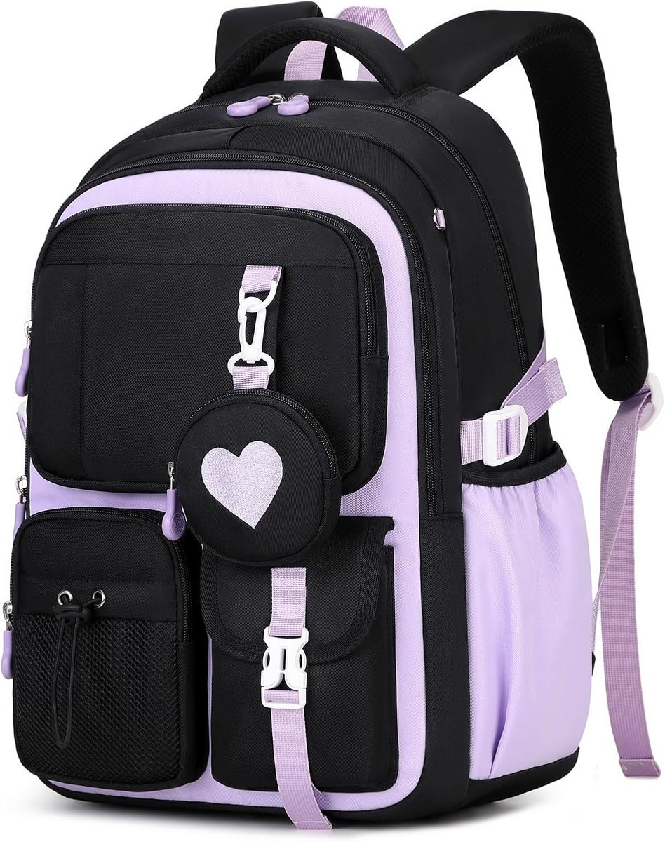 Bobypet - Rugzak - Modieuze schooltas met ademend ontwerp -Reflecterende veiligheidsstrips -S -vormige rugondersteuning, waterafstotende stof, honingraatventilatie op de rug - casual kinderrugzak voor school en reizen（zwart-paars ）