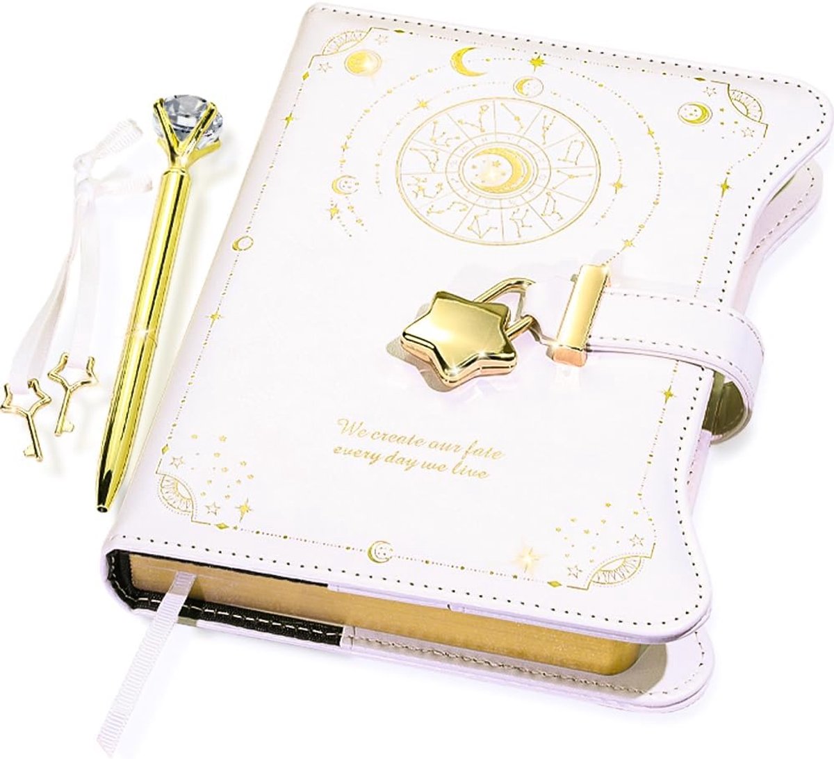 Bobypet - Notitieboek - Dagboek met slot en 2 sleutels voor meisjes - 360 pagina's van kraftpapier, B6 navulbaar, inclusief pen en bladwijzer - 15*22*3.5 cm - wit