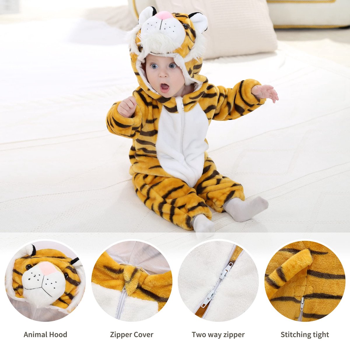 SnelShoppen - Baby Flanellen Romper met Capuchon - Herfst/Winter Onesie Pyjama Jumpsuit voor Baby Meisjes en Jongens - Lange Mouwen - 6-12 Maanden - T