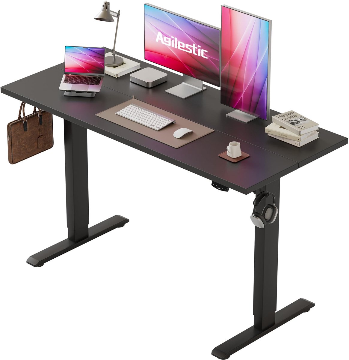 SnelShoppen - In hoogte verstelbaar bureau 140 x 60 cm, elektrisch verstelbaar bureau met handmatige bediening en geheugen, ergonomisch zwart bureau v