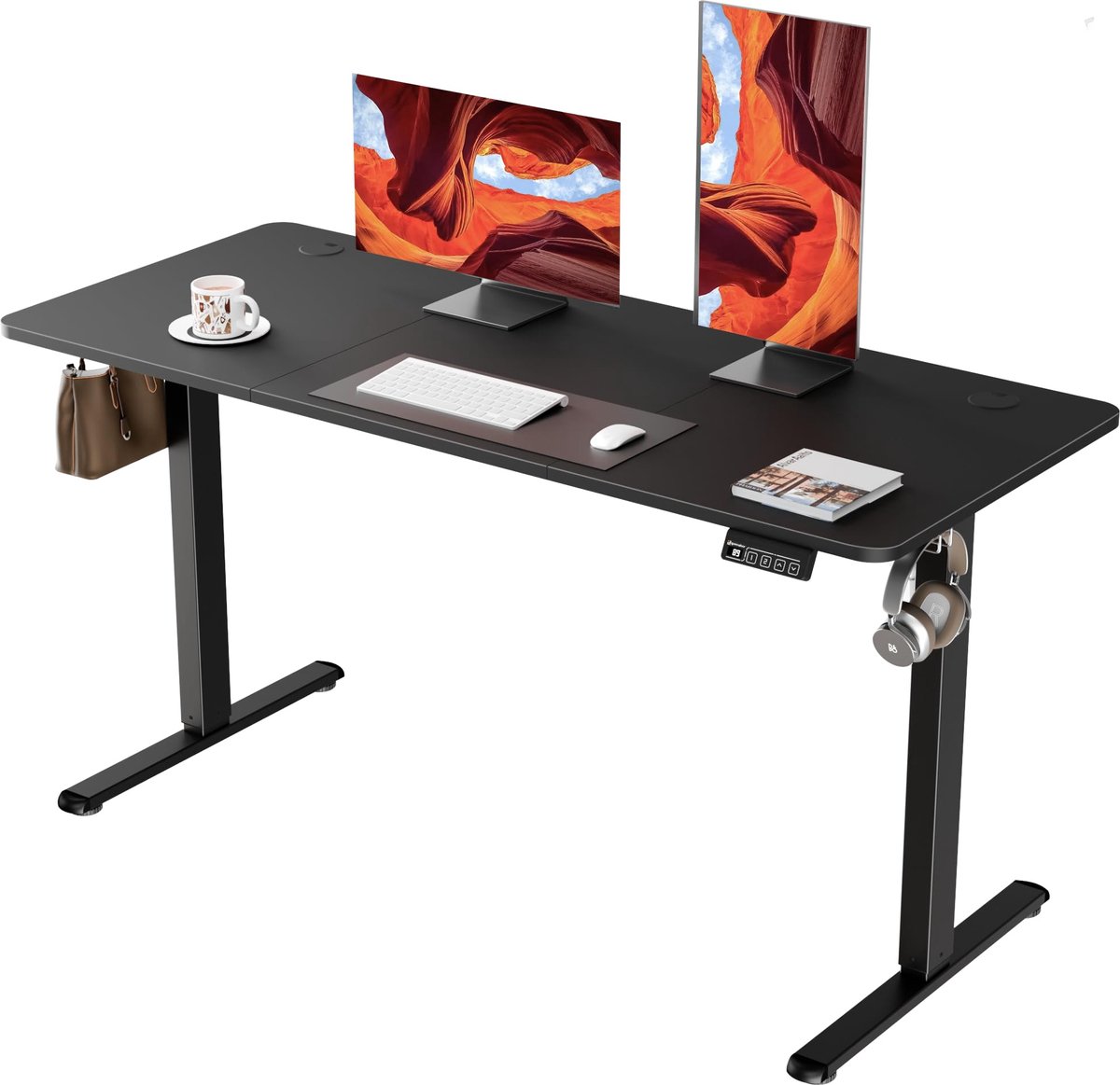 SnelShoppen - ERGOMAKER Elektrisch Staand Bureau 140x60cm, Hoogte Verstelbaar Computerbureau met Geheugenfunctie & Haken, Zwart Frame en Tafelblad voo
