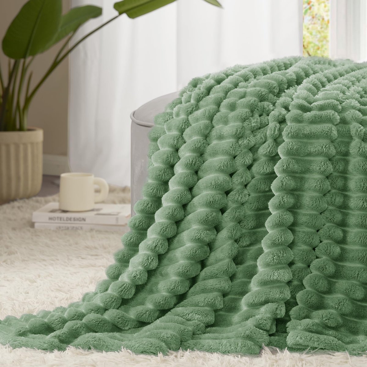 SnelShoppen - WAVVE Knuffeldeken 230x270 cm, XXL Fleece Deken, Zachte Flanellen Sofadeken, Groen Gestreepte Woondecoratie voor Kamers, Bankdeken en Kn