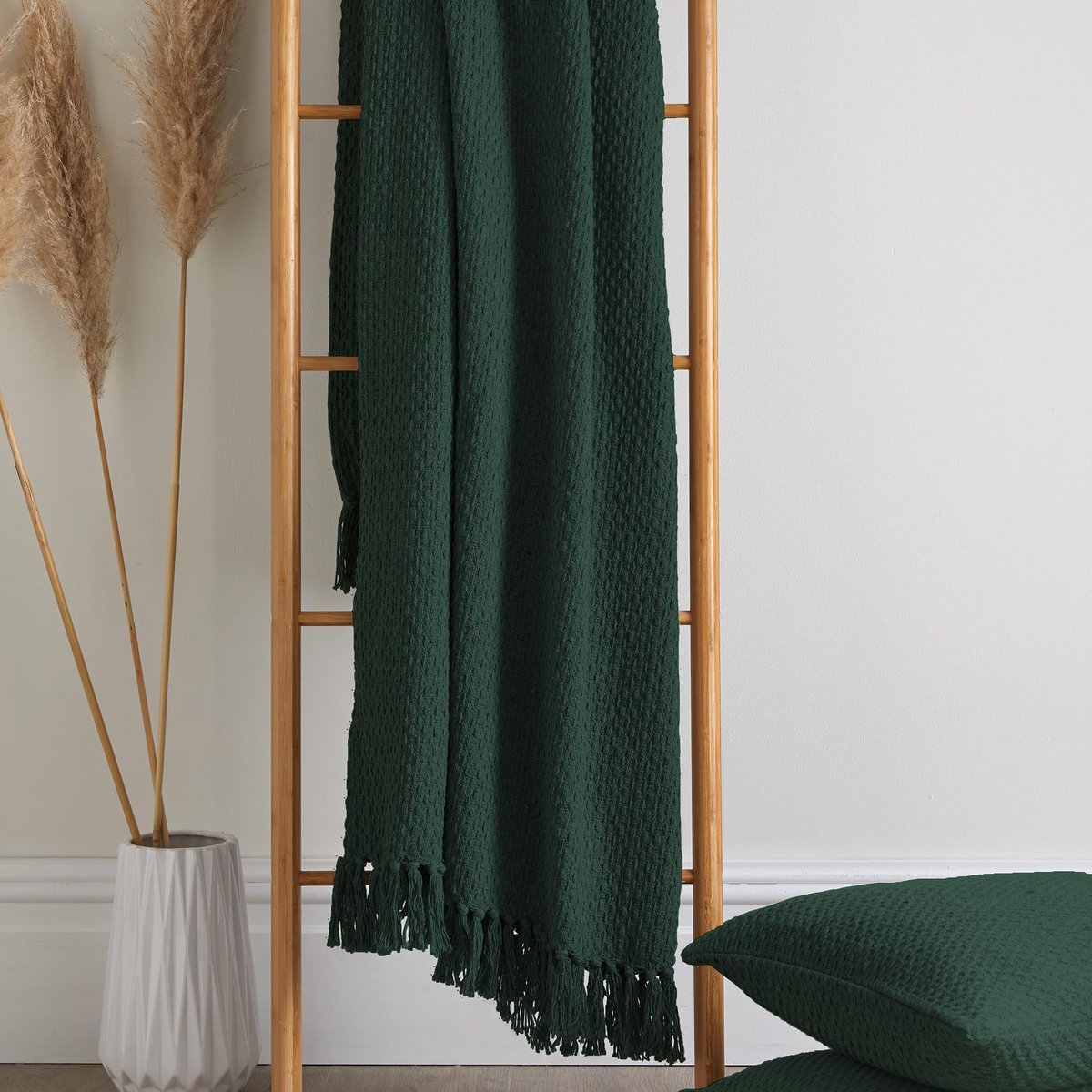 SnelShoppen - Groene plaid met kwastjes 200 x 200 cm - Duurzaam gerecycled katoen - Geweven deken in groen - Extra grote bankdeken met textuur - Bedde