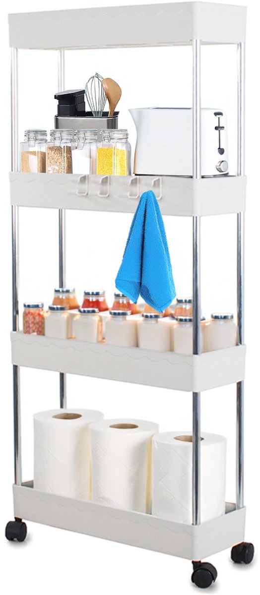 Dailygoods - Badkamer- en Keukenrek op Wieltjes - Compacte 4-traps Organizer voor Cosmetica en Accessoires