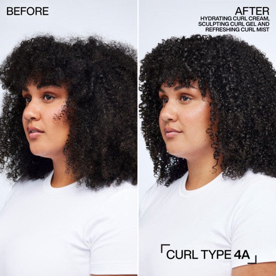 Voor en na: Zwart krullend haar, type 4A, met glanzende, gedefinieerde krullen na gebruik Redken Hydrating Curl Cream & Sculpting Curl Gel.
