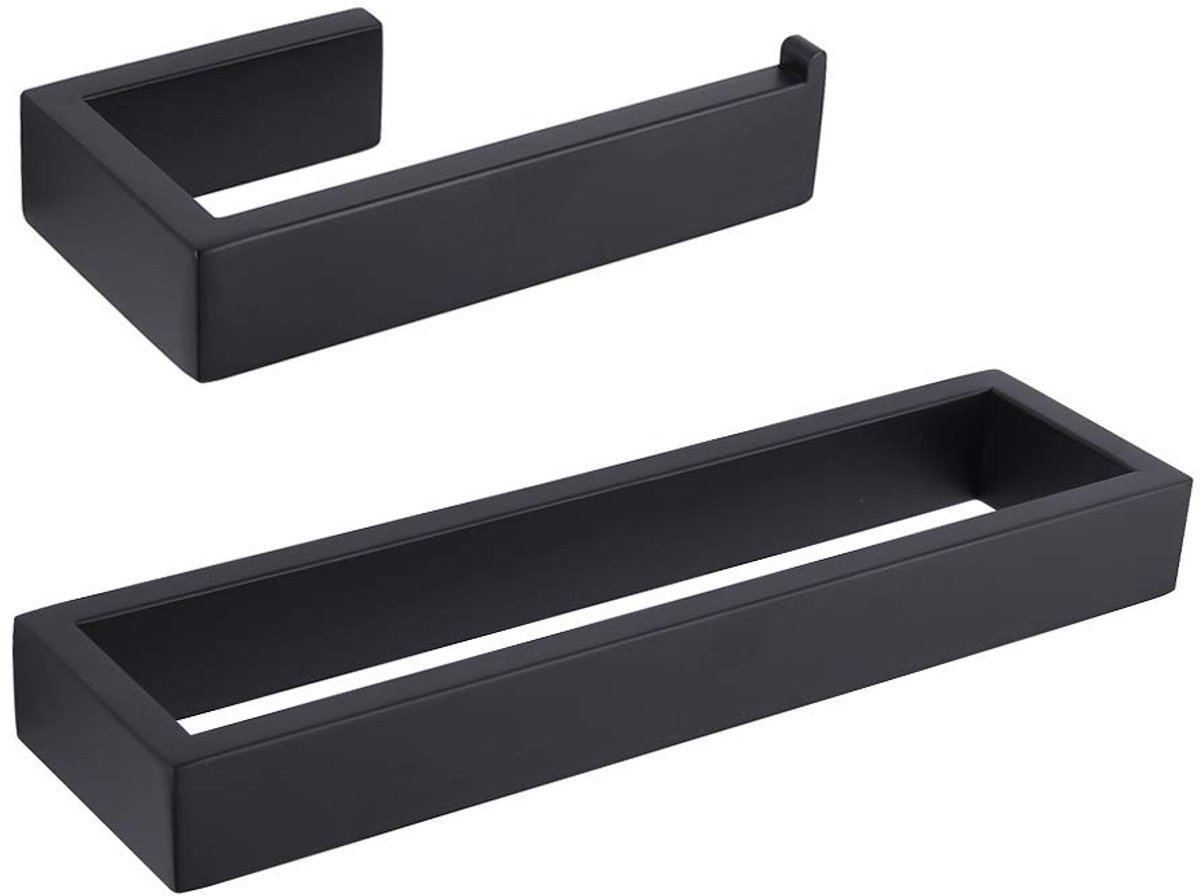 SnelShoppen - Badkamer Accessoire Set 2-delig Mat Zwart RVS Toiletrolhouder Handdoekring Wandmontage SUS 304 Duurzaam Stijlvol