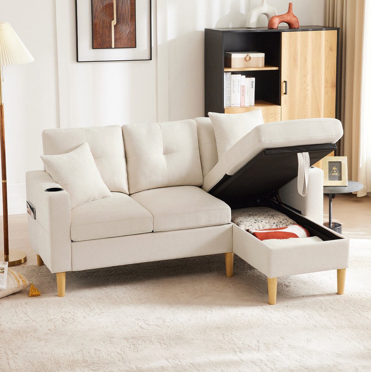 COVREO Hoekbank 175x129x90 cm – beige katoen-linnen, opbergruimte, bekerhouders, 3-zits