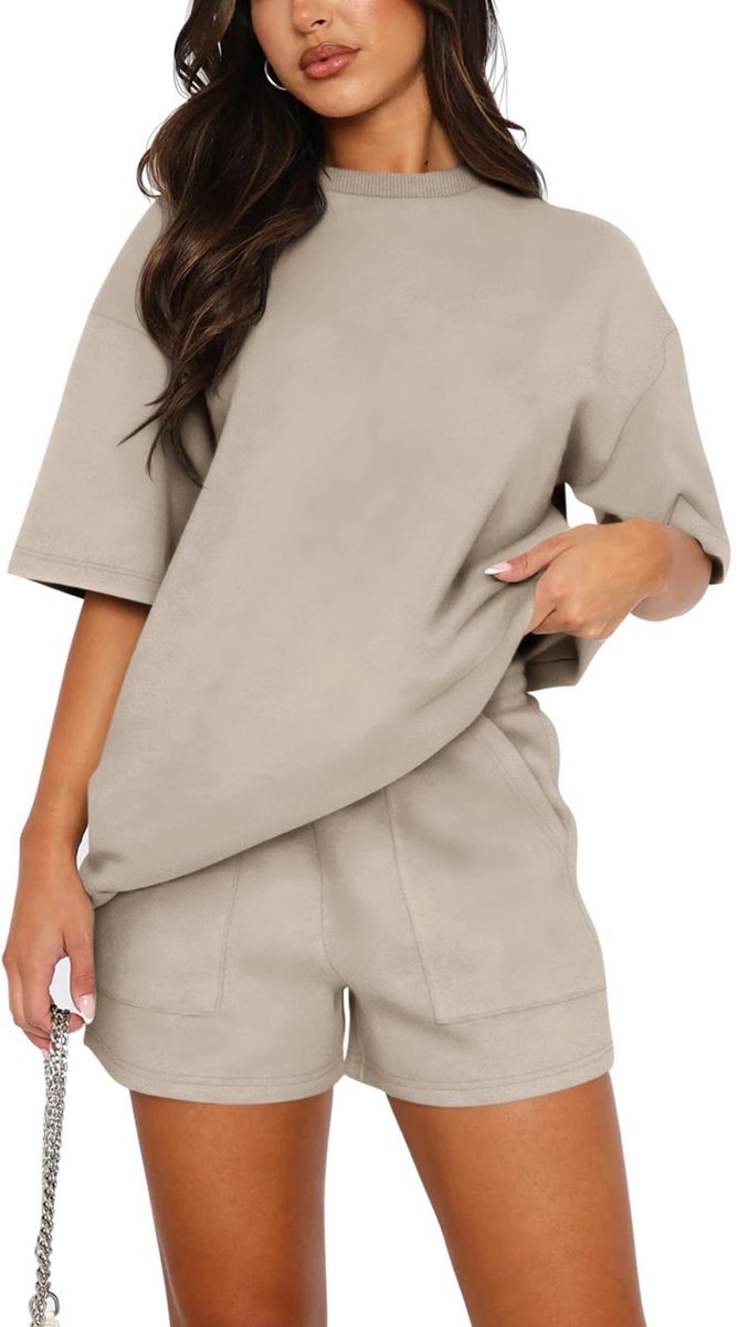 SnelShoppen - Vrouwen Katoen Korte Mouw Trainingspak Set Ronde Hals Effen Kleur Shirt en Shorts met Twee Zakken, Kaki, M - Perfect voor Sport, Thuis e