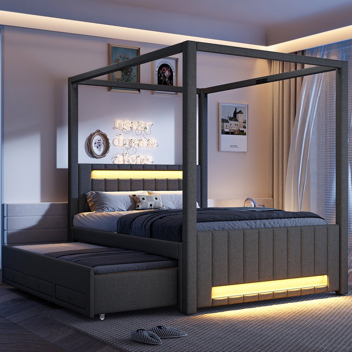 Bed 140x200 cm Met LED Verlichting - Gestoffeerd Hemelbed Met 3 Opberglades Uitschuifbed Grijs