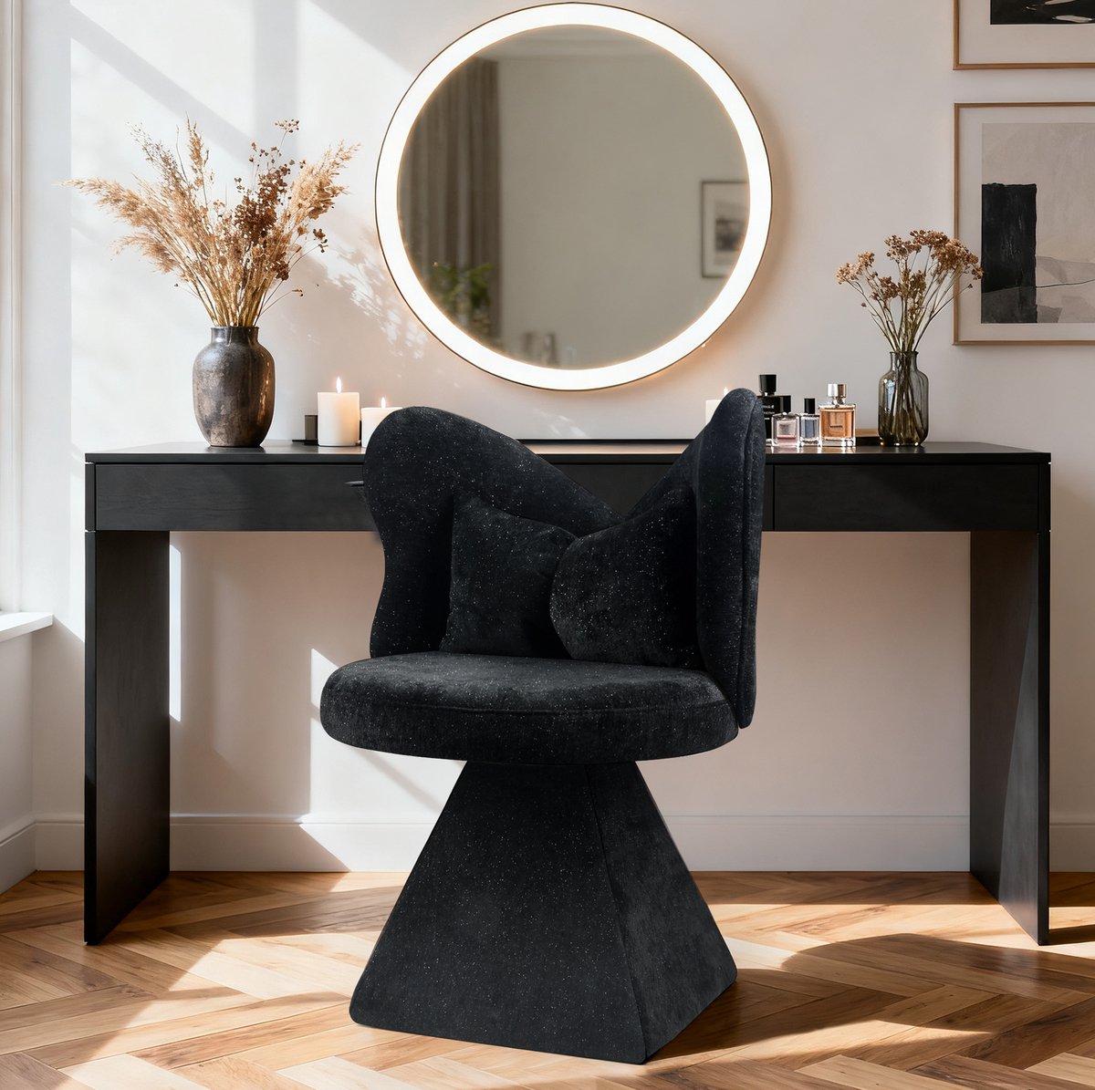 OKWISH Eetkamerstoel Met Vlinderrugleuning 52 X 52 X 76,2 Cm - Draaibaar 360 Graden - Zwart Chenille Velours - Voor Slaapkamer En Woonkamer