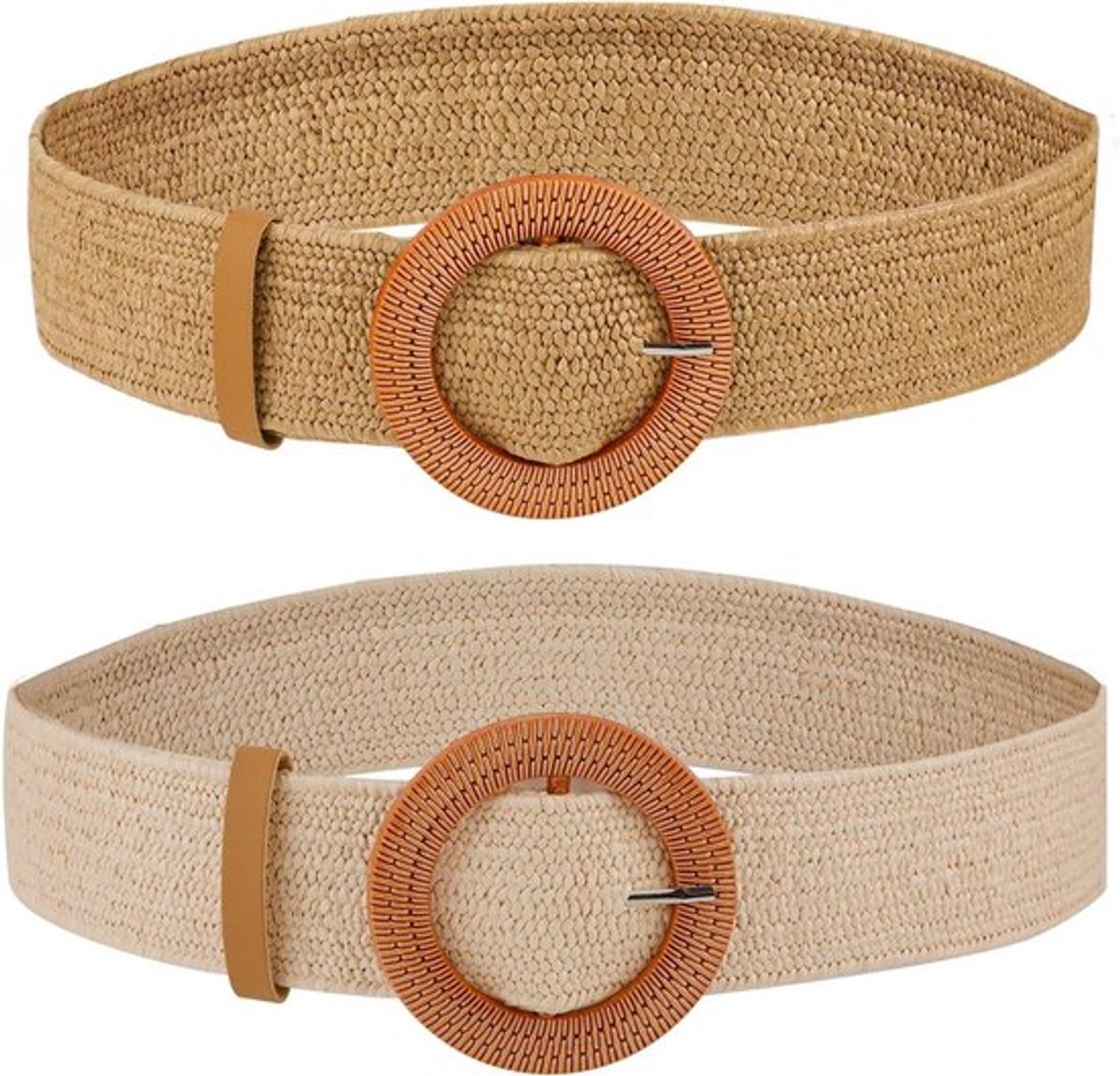 Set van 2 Boho Taille Riem Dames - Strogeweven Elastisch - Zomerjurk Accessoire - Brede Stretch Riem met Ronde Gesp - Trendy Mode Accessoires