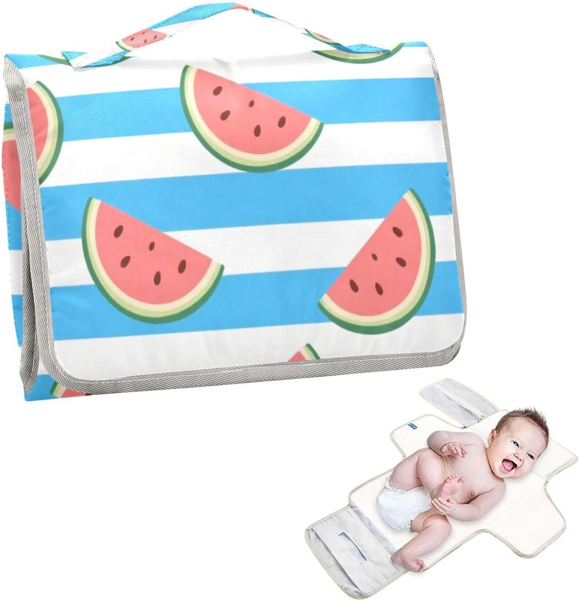 Herbruikbaar Luierkussen - Draagbaar Verschoonkussen - Babyverzorging Onderweg - Met Ingebouwd Hoofdkussen - 62 x 30 cm - Blauw Wit Streep