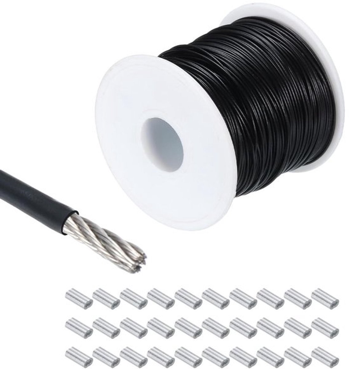 Roestvrij stalen draadkabel van 100 meter - 1mm dikte - Vinyl gecoat - Inclusief 30 aluminium hulzen - Zwart