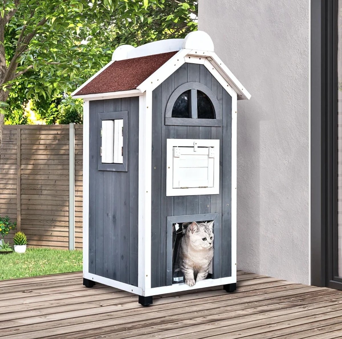 MIVRAY Kattenhuis – Zweelaags En Ruim – 59 x 55 x 109 cm – Dennenhout – Grijs – Binnen En Buiten – Met Asfaltdak En Balkon