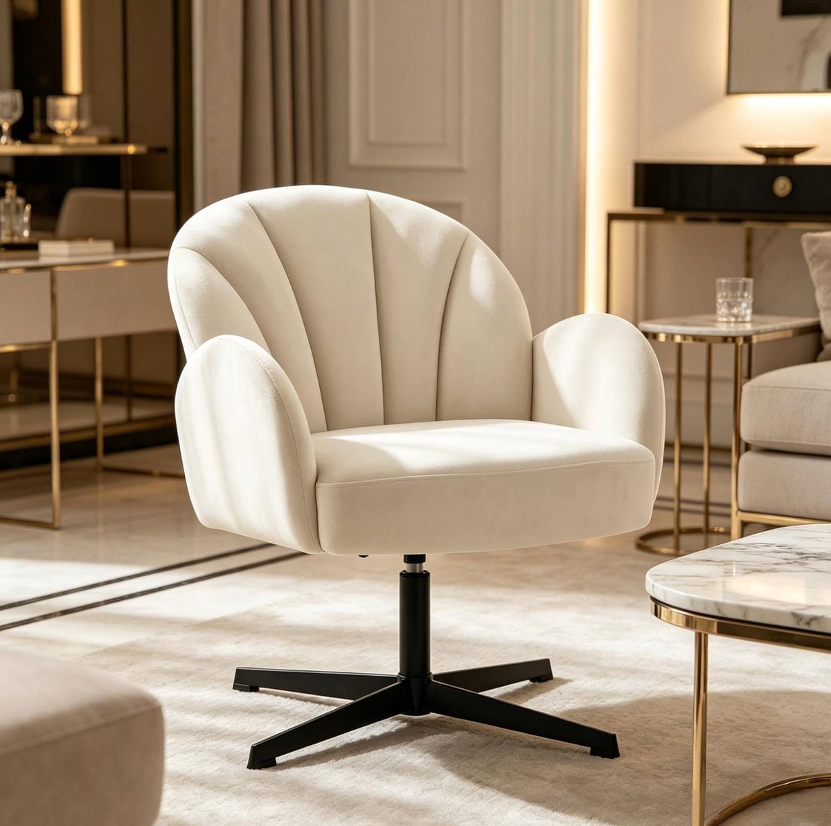 OKWISH Draaibare Fauteuil - Schelpvormige Lounge Stoel Met Armleuningen - 360 Graden Draaibaar En Comfortabel - Voor Woonkamer, Slaapkamer En Bureau - Fluweel - Beige En Zwart