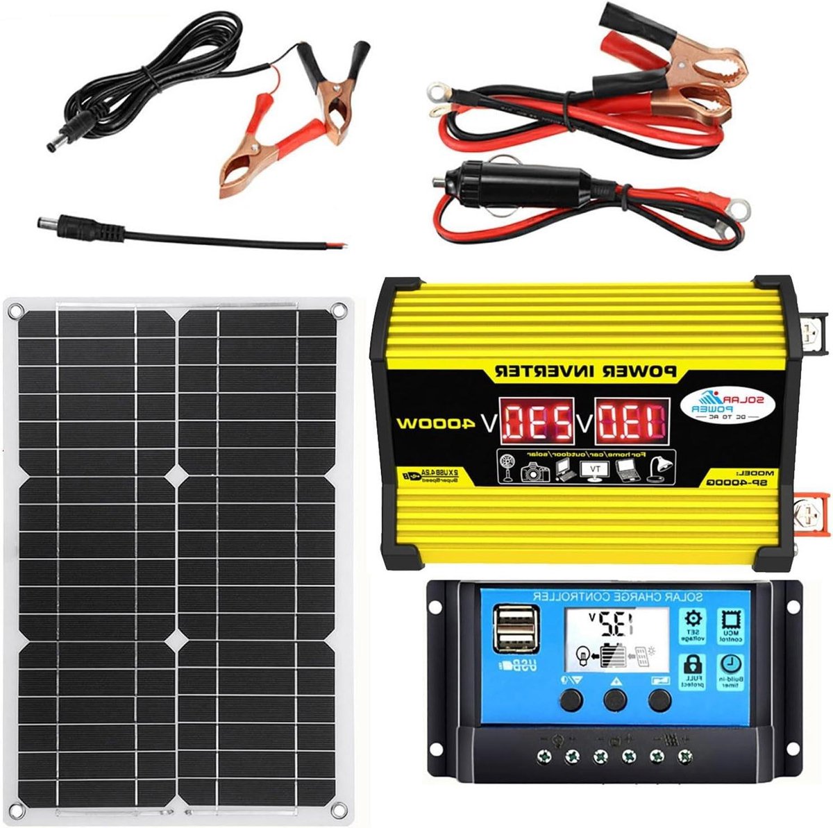 Draagbare Zonne-energie Kit - Noodstroomvoorziening Oplader - Off-Grid Energie - 4000W Omvormer - 18W Paneel - Zwart