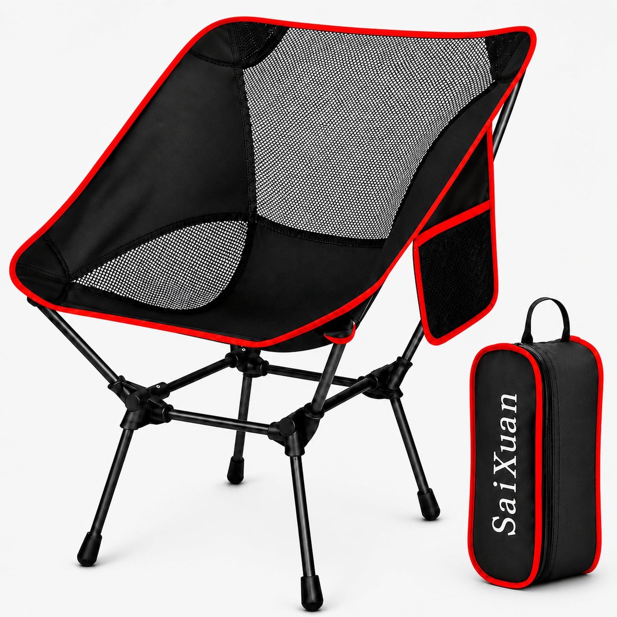 SnelShoppen - Opvouwbare Campingstoel met Bekerhouder, Mesh-Rugleuning, Draagbaar tot 120 kg, Moon Chair 900D met Zijvak en Draagtas voor Strand, Viss