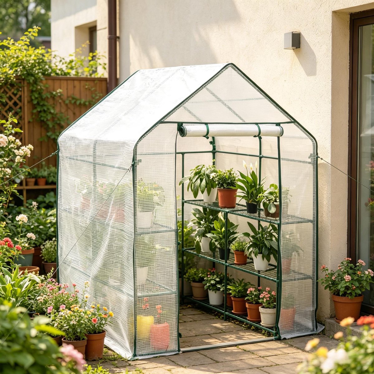 FloraGrace Kas - 143 x 143 x 195 cm - Met Ritssluiting - PE-Folie En Stalen Frame - Wit - Voor Tuin, Terras En Plantenbescherming