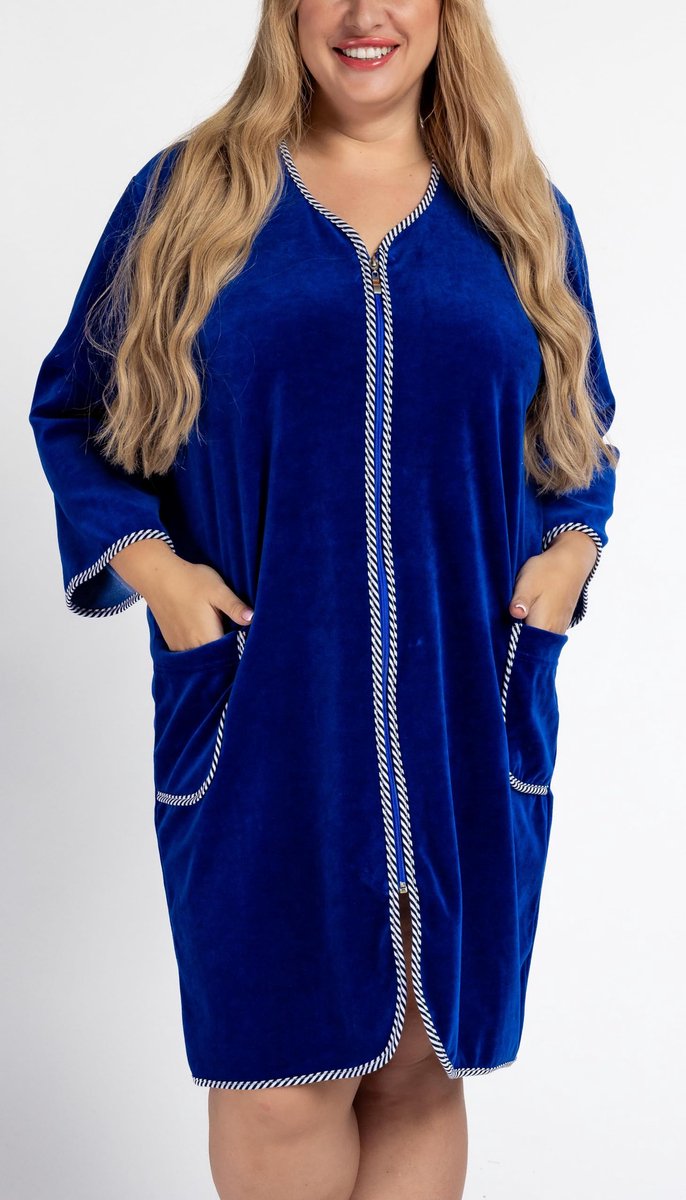SnelShoppen - Dames Badjas met Rits en 3/4 Mouwen - Lichte Donkerblauwe Kamerjas M - Ideaal voor Thuis, Wellness en Relaxmomenten