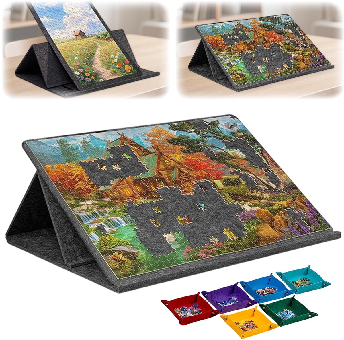 SnelShoppen - Opvouwbare Puzzelplank 1000 Stukjes met 2-in-1 Standaard en Afdekking, Kantelbaar Puzzelbord met 6 Sorteerders, Puzzeltafel 81 x 56 cm v