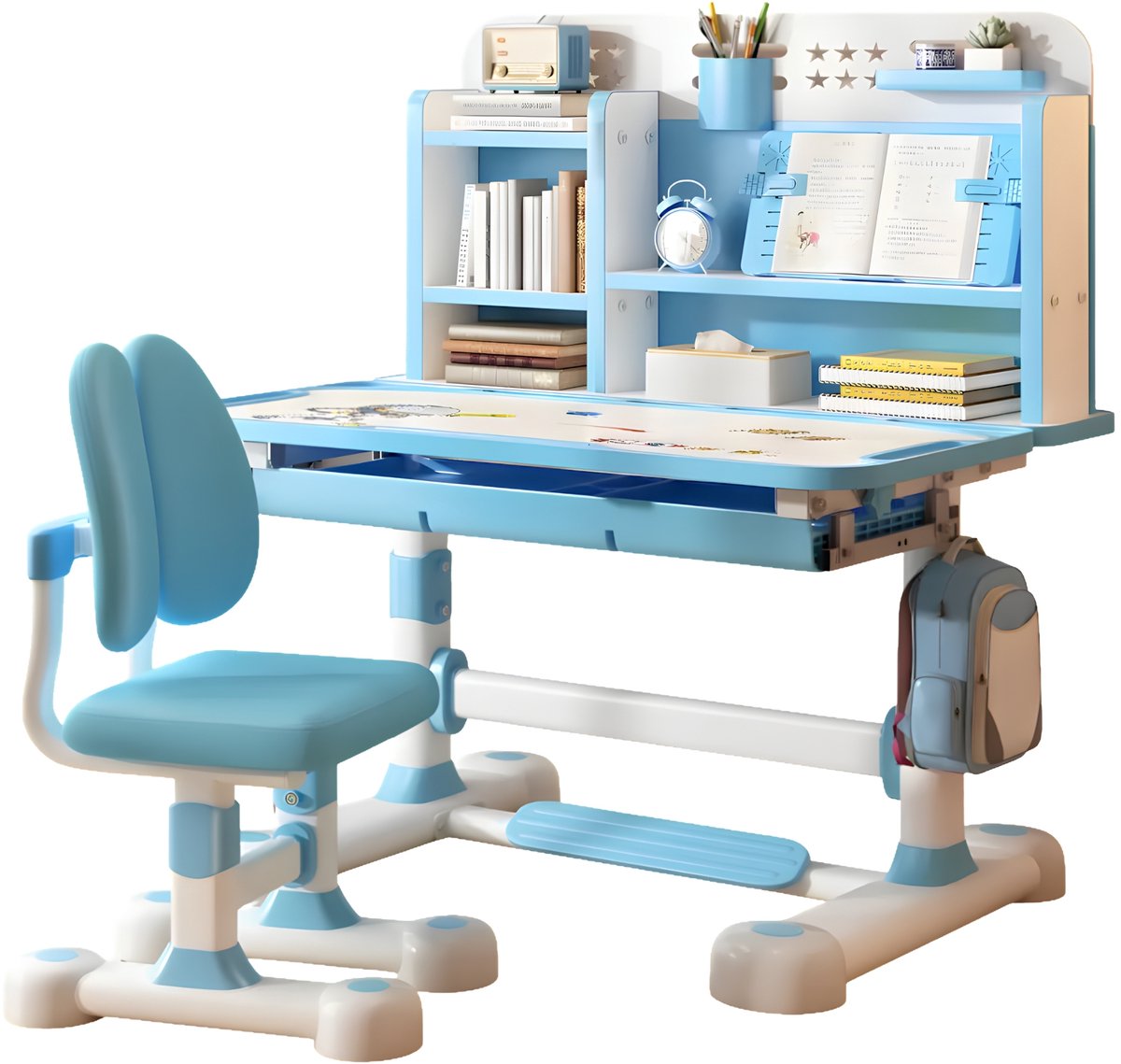 Kinder Studie Bureau & Stoel Set – In Hoogte Verstelbare Schooltafel met Ergonomische Stoel en Houdingscorrector – Blauw