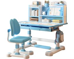 Kinder Studie Bureau & Stoel Set – In Hoogte Verstelbare Schooltafel met Ergonomische Stoel en Houdingscorrector – Blauw