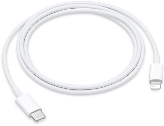 Witte USB-C naar Lightning kabel, spiraalvormig.