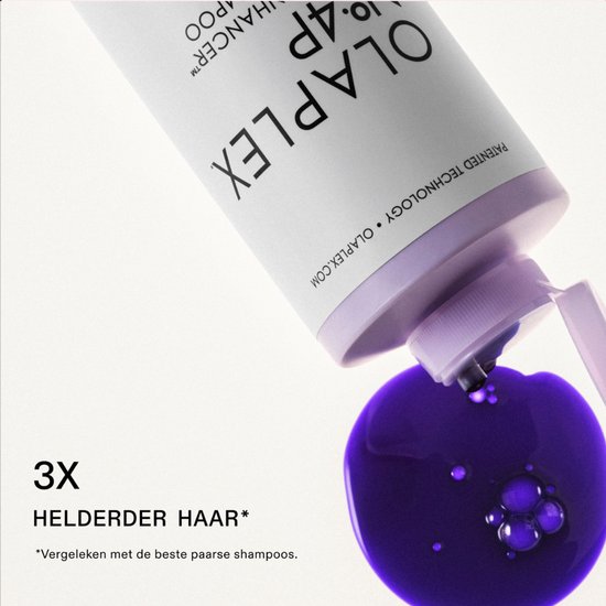 Paarse Olaplex shampoo druppelt uit de fles, met de tekst 3x helderder haar.