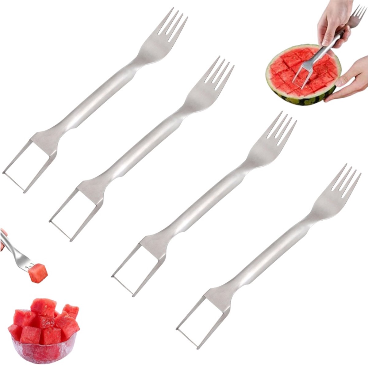 4 stuks - Watermeloensnijder - 2-in-1 fruitvork - Watermeloenvork - Fruitsnijder - Watermeloenschep - Meloensnijder - Blokjessnijder - Zilver - 24*3,3 cm - Geschikt voor kamperen, picknicks, thuisgebruik en feestjes