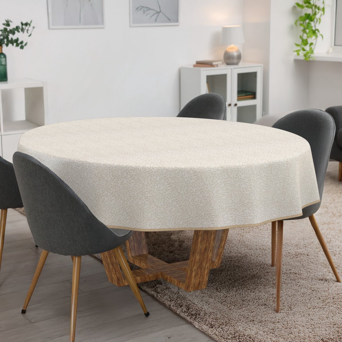 ANRO Tafelkleed Bloemen Beige Rond Ø140cm Met sierband Afwasbaar Waterafstotend Binnen & Buiten