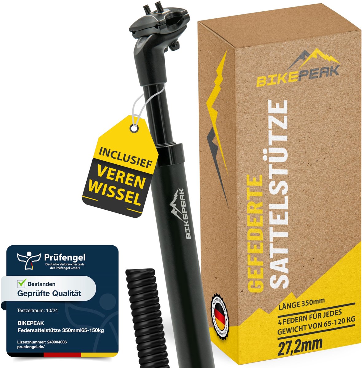 SnelShoppen - Geveerde Zadelpen Ø 27,2, 30,9, 31,6 mm - Zadelbuis met Vering voor Wervelkolom Ontlasting - Inclusief 4 Zadelpenveren voor Gewichten 65