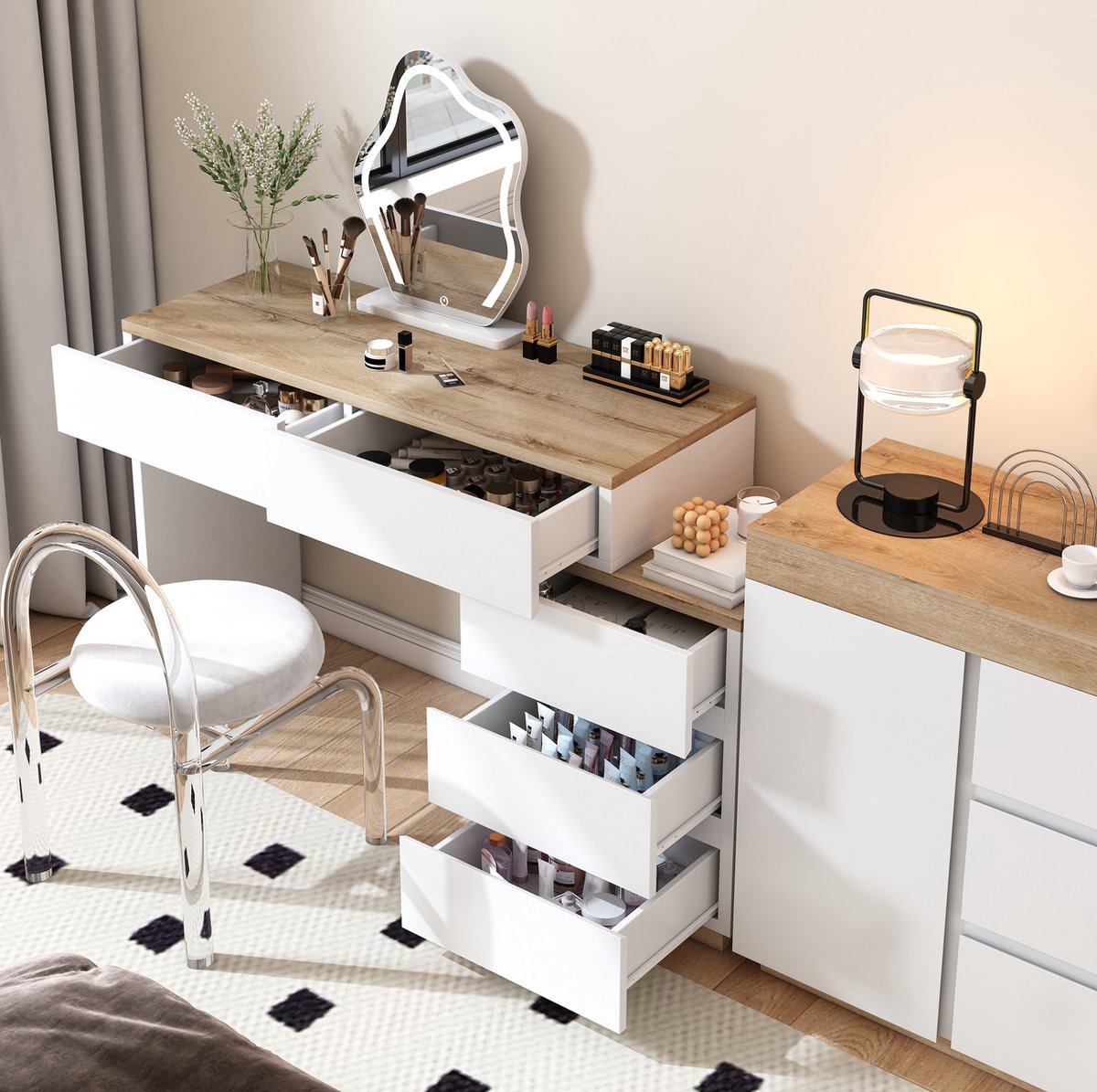COVREO Frisiertisch 125 x 38,9 x 76 cm - wit eiken, 5 lades, opbergruimte