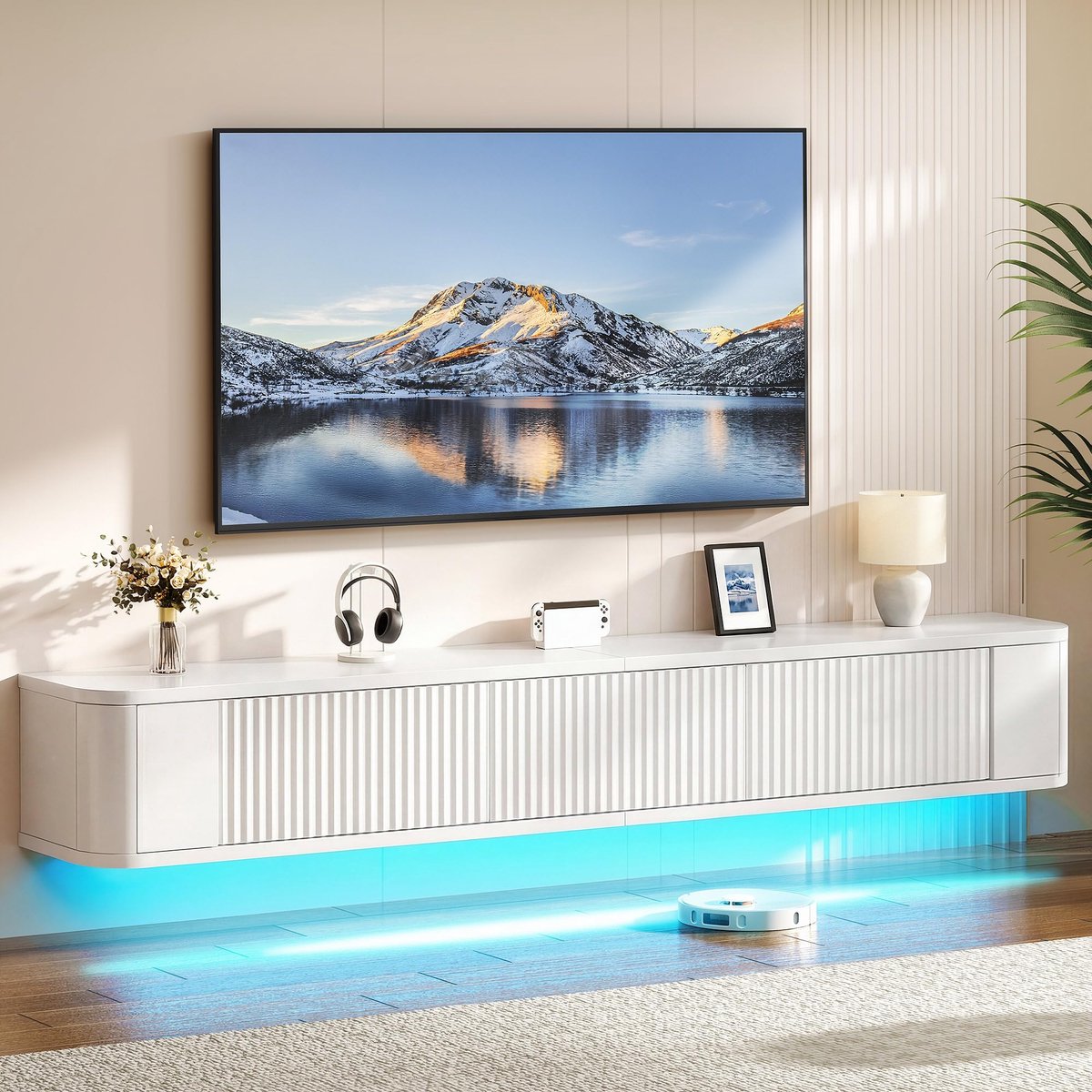 SnelShoppen - Drijvende TV Stand 180cm met RGB Led Licht - Wandmontage TV Planken - Wit Hoogglans TV Media Console met Grote Opslag voor Woonkamer en