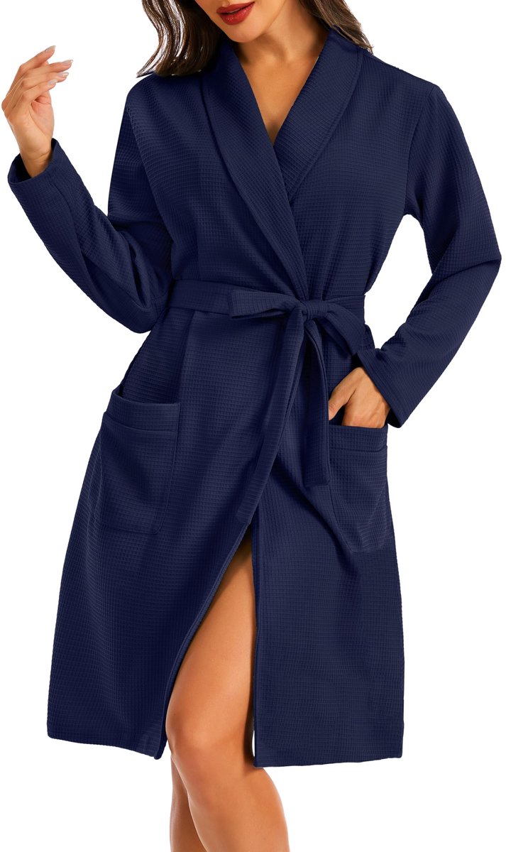 SnelShoppen - Lovasy Badjas Dames Wafelpiqué met Lange Mouwen, Sjaalkraag, Zakken en Ceintuur, Donkerblauw M - Lichte Ochtendjas voor Sauna, Vrije Tij