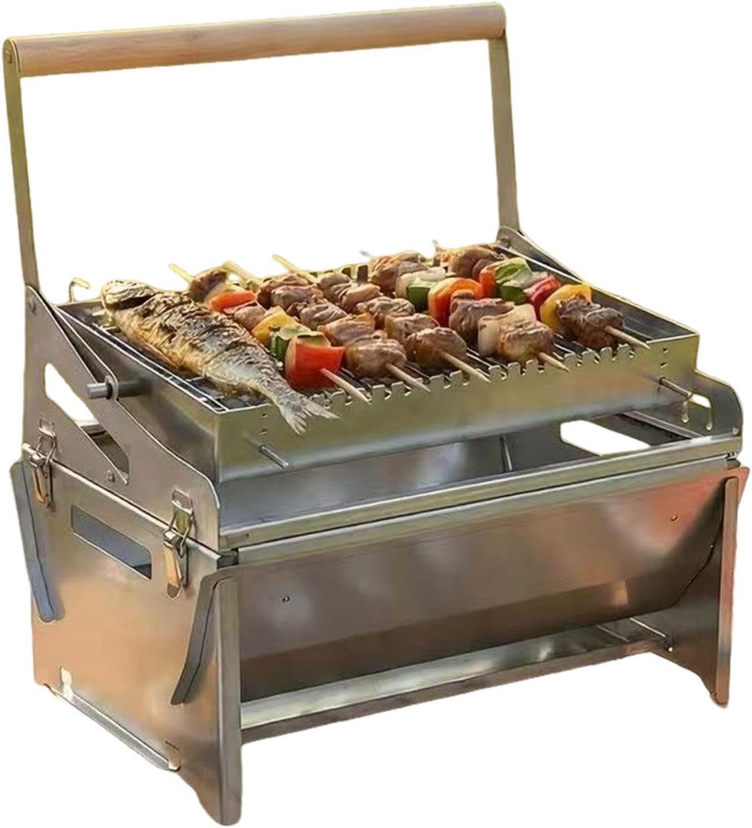 Draagbare Houtskoolbarbecue - Compacte Grill - Buiten Koken - 360-graden Draaiing - 16 x 30 x 16 cm - Zilver