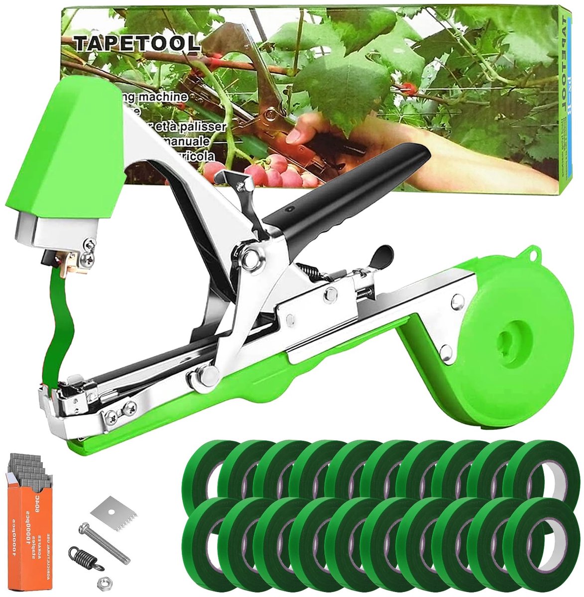 Dailygoods - Plantbindmachine met 10.000 spijkers en 20 rollen groene plakband