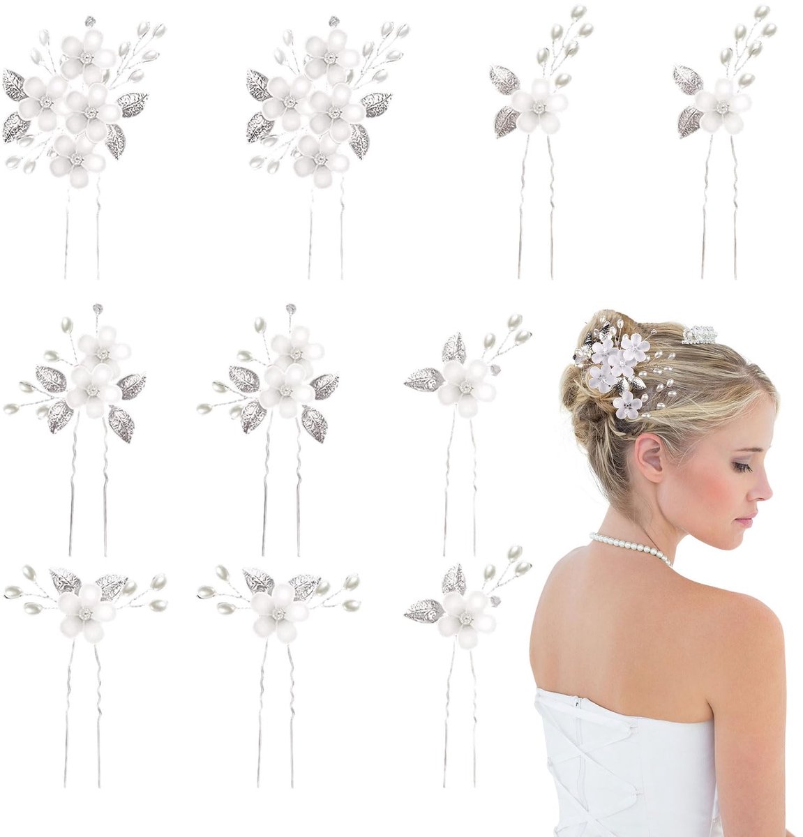 Dailygoods - 10 Stuks Bruids Haarspelden Bloem - Zilveren Haaraccessoires voor Bruiloft