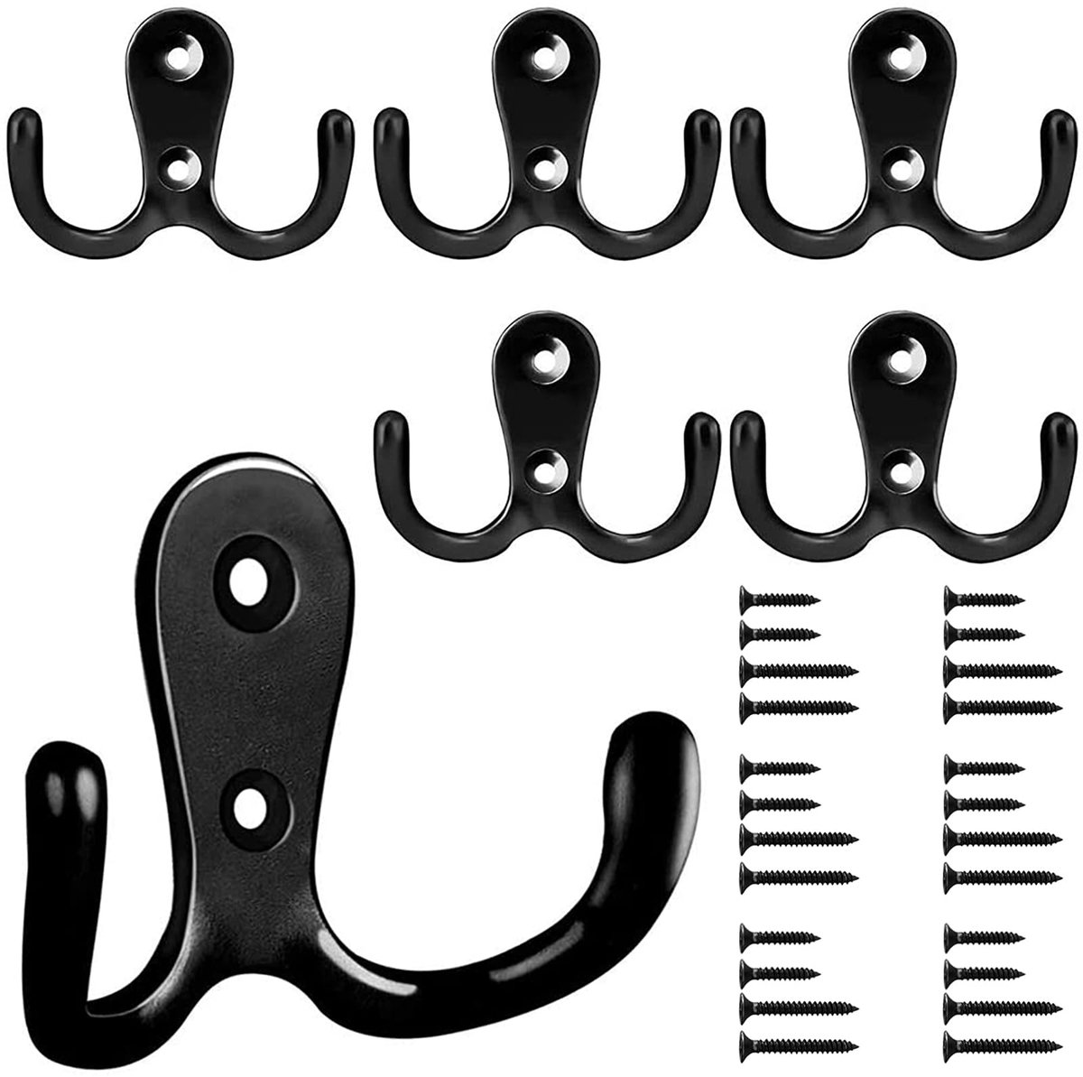 Dailygoods - 6 Stuks Zwarte Dubbele Kledinghaken met 24 Schroeven