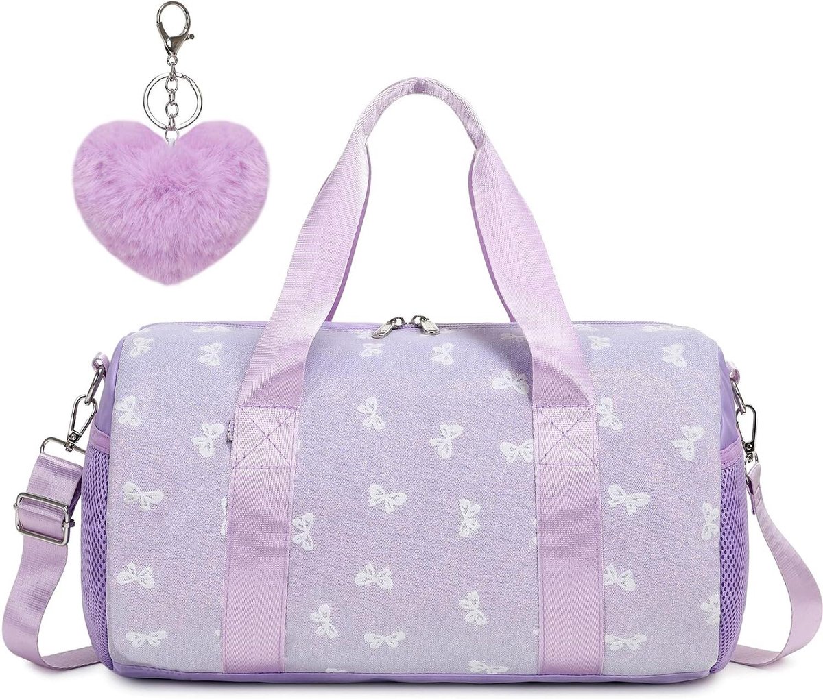 Kleine sporttas - Gymtas kinderen - Dansen zwemmen reizen - Waterdicht vak - 35x21x21 cm - Paars glitter