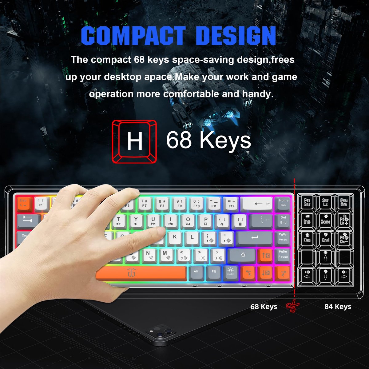 SnelShoppen - Gaming Toetsenbord 60% - Compact 68 Toetsen - Wit Grijs Oranje - Mechanisch Toetsenbord voor Gaming, Typen en Office - Ergonomisch en Du