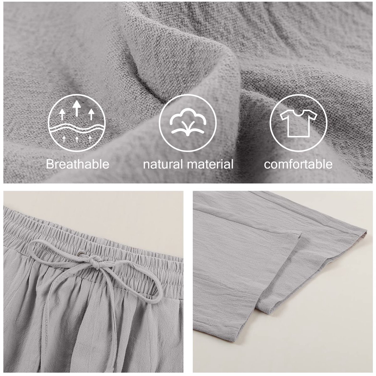 SnelShoppen - Casual Damesbroek Katoen en Linnen, Lichtgewicht Zomerbroek met Trekkoord, Elastische Taille, Rechte Pasvorm, Grijs, XXL met Ruime Zakke