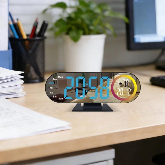 Digitale Klok - Spiegel Wekker - Wakker Worden - Zachte Verlichting - 18.5 cm - Wit — afbeelding 4