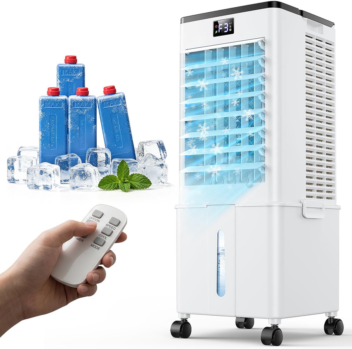 SnelShoppen - Draagbare Airconditioner Zonder Luchtuitlaat, Stille Luchtkoeler, Ventilator, 3 Snelheden, 3 Modi, 10L, Inclusief 4 IJszakken, Geschikt