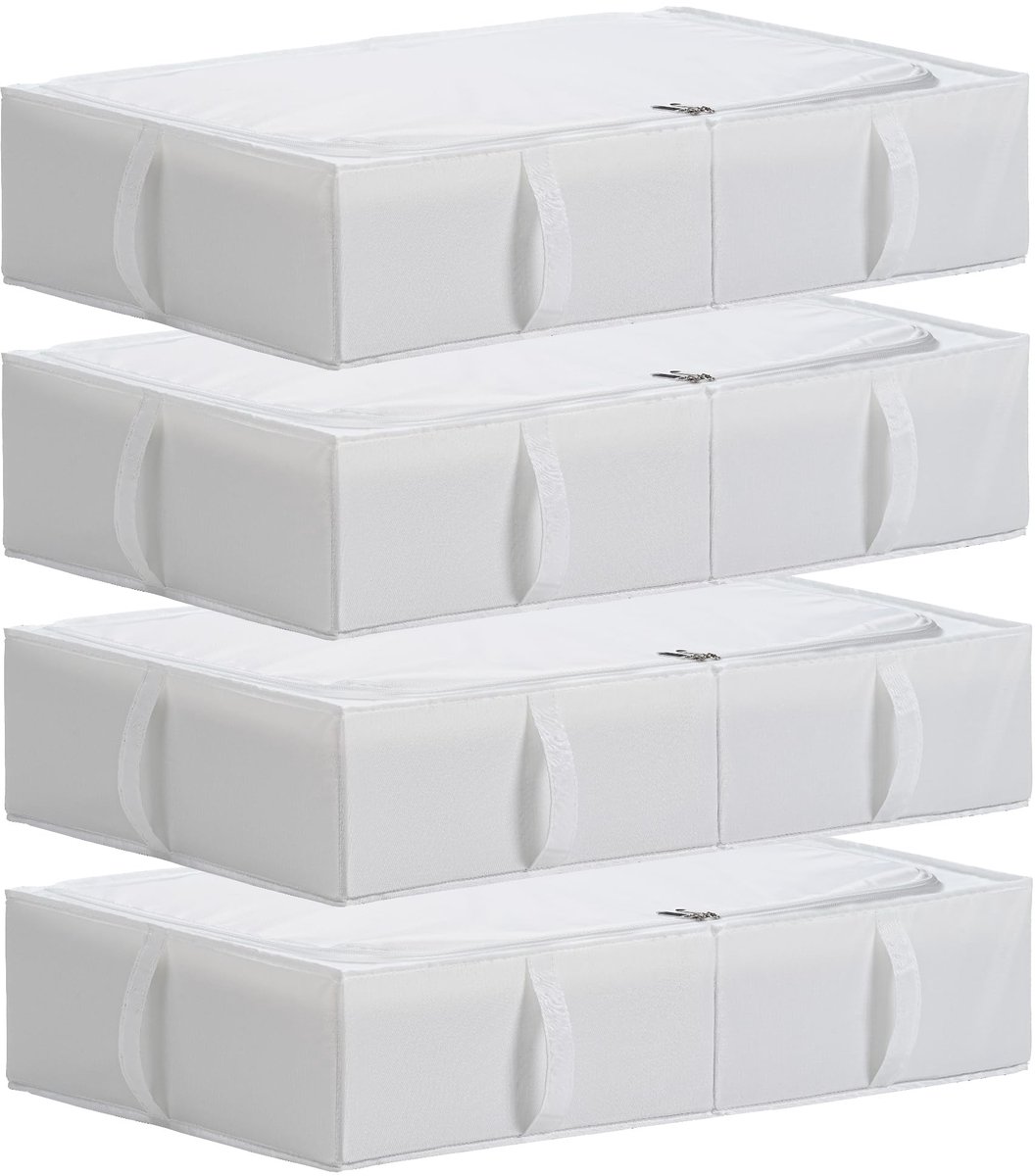 SnelShoppen - Opbergdoos voor onder het bed met deksel, duurzame wasbare stof, inklapbaar en ruimtebesparend, 70 x 42 x 18 cm, 4 stuks, wit voor kledi