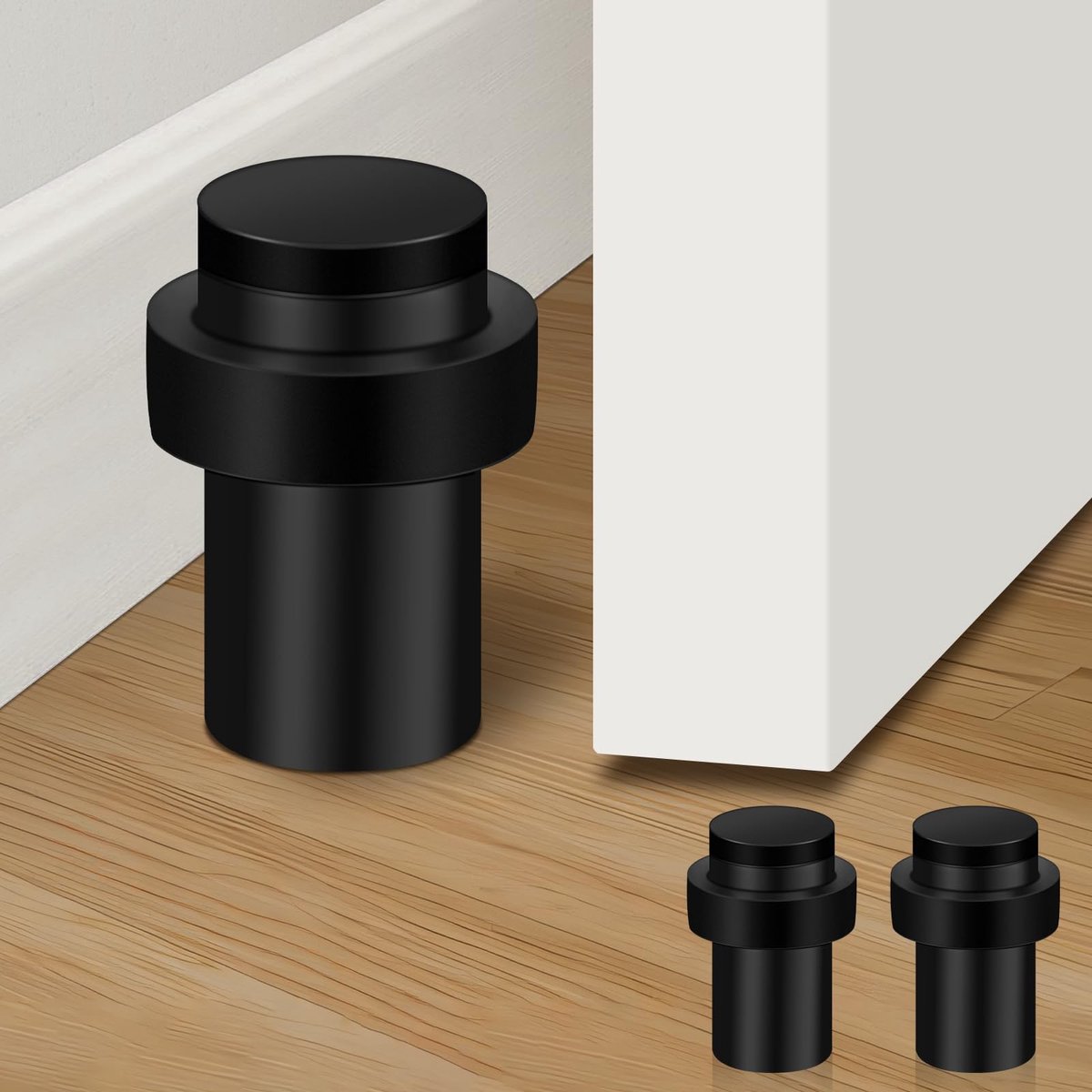 SnelShoppen - 2-pack Deurstop - Zwarte Wand- en Vloergemonteerde Cilindrische Rubber - Roestvrij Staal - Ideaal voor Binnen en Buiten